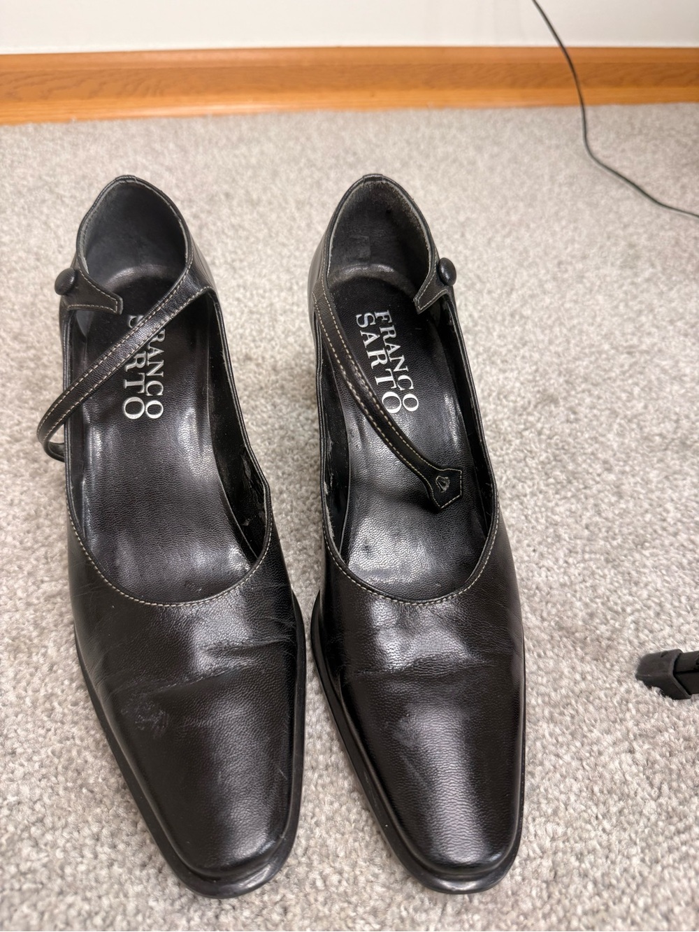 Franco Sarto Black Leather Mary Jane Pumps with Button Strap